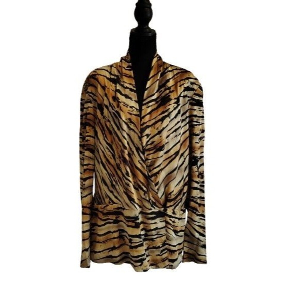 Vintage Dana Buchman 100 Silk Tiger Print Wrap Top Size 16 Crossover Blouse
